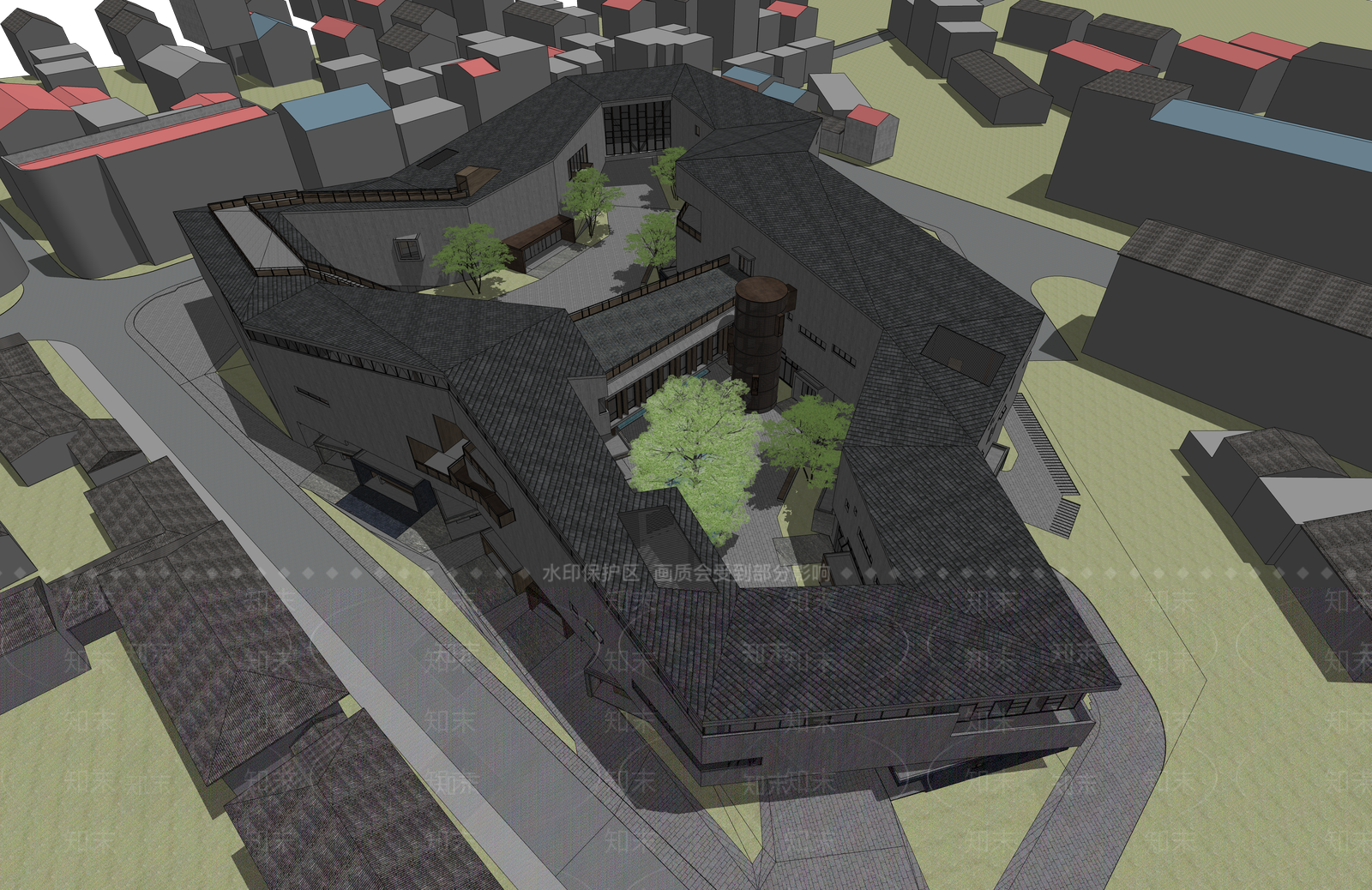 现代中式展览馆建筑SU模型下载【ID:1182640872】