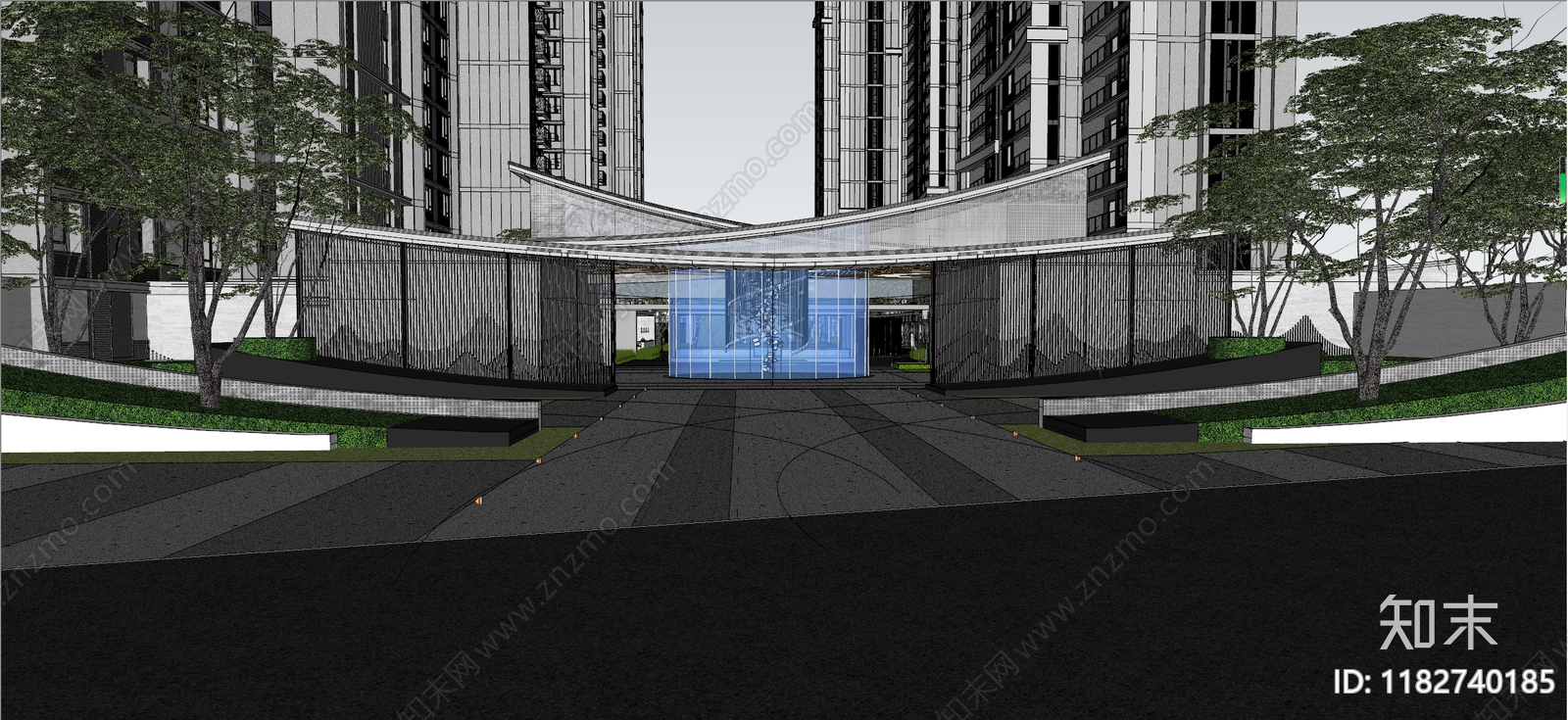 现代新中式小区景观SU模型下载【ID:1182740185】