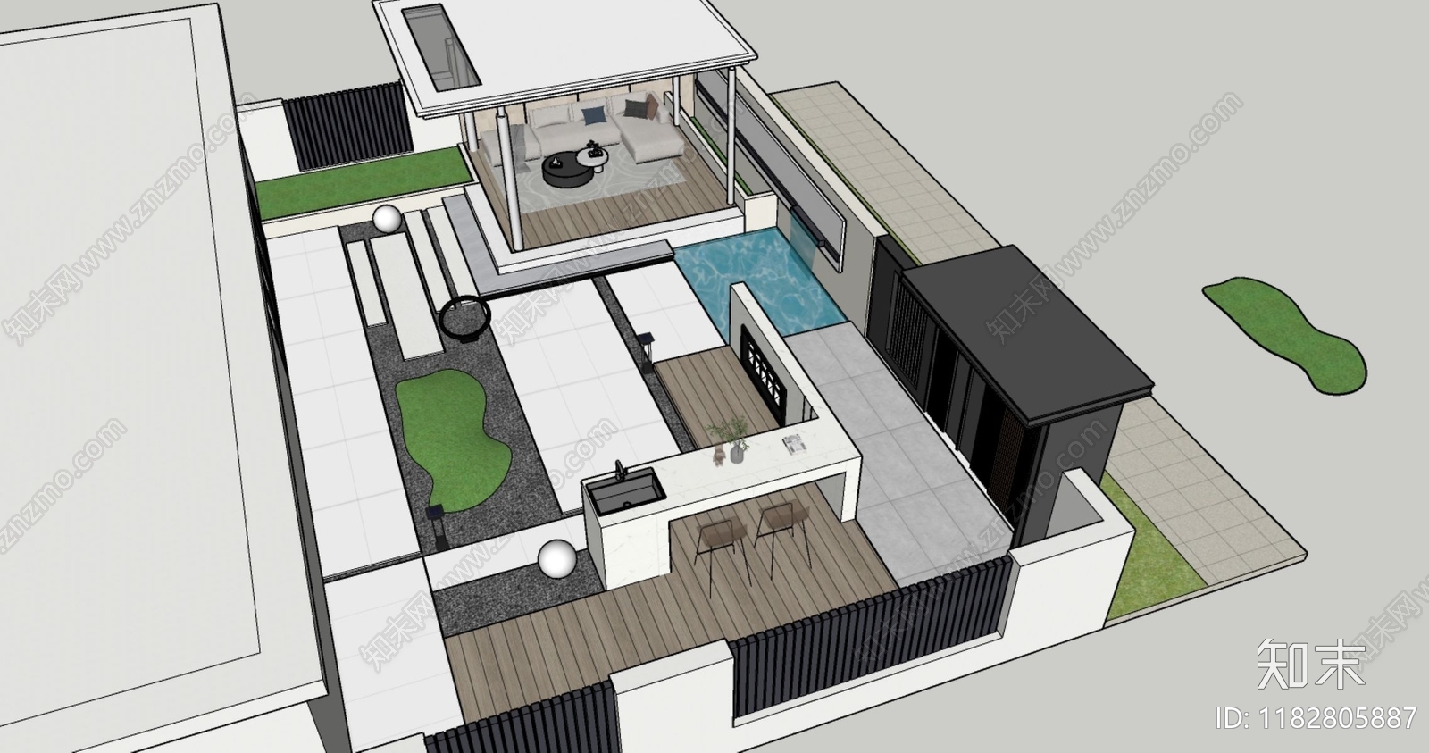 现代极简别墅庭院SU模型下载【ID:1182805887】