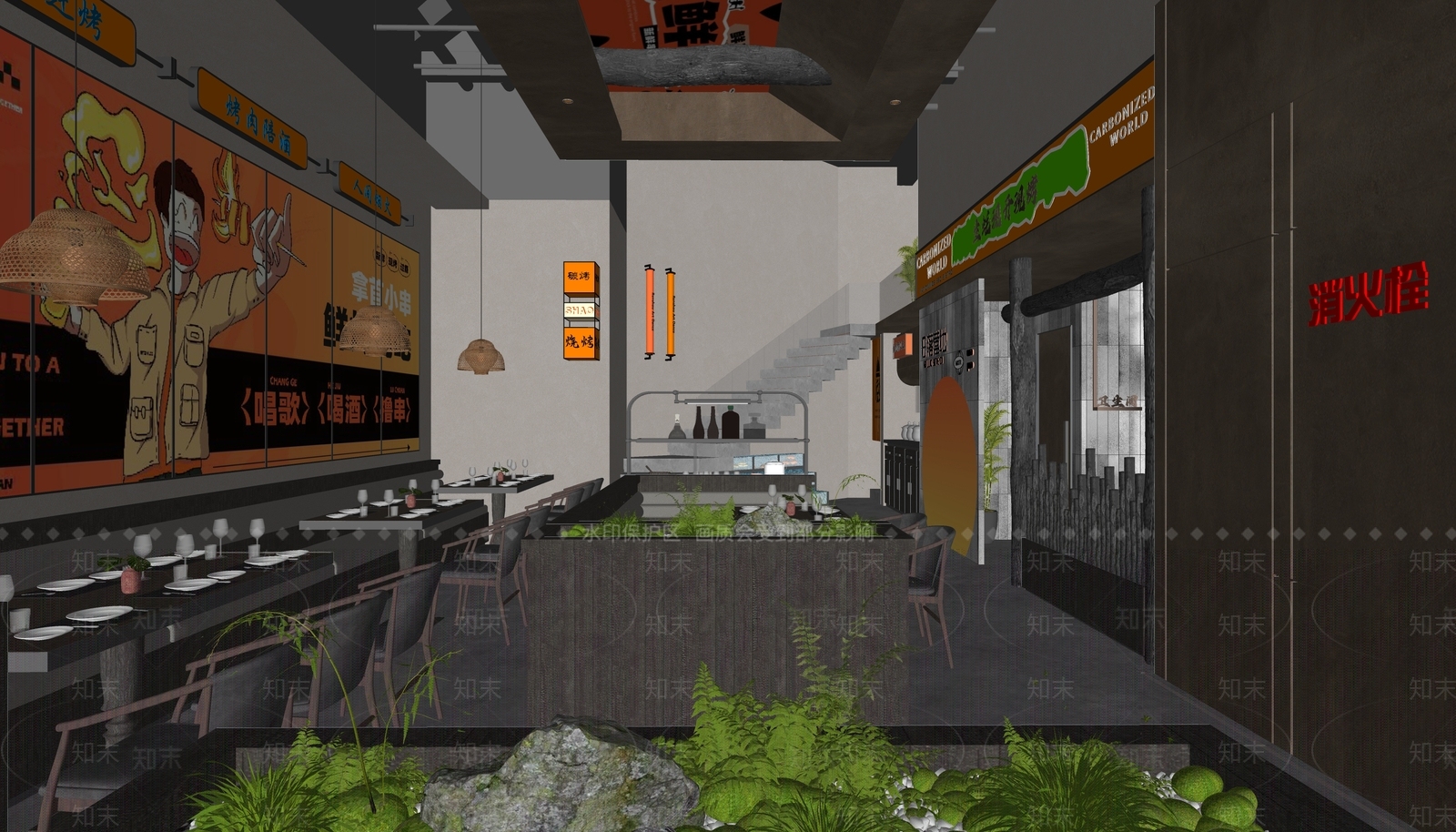 现代新中式烧烤烤肉店SU模型下载【ID:1182829013】