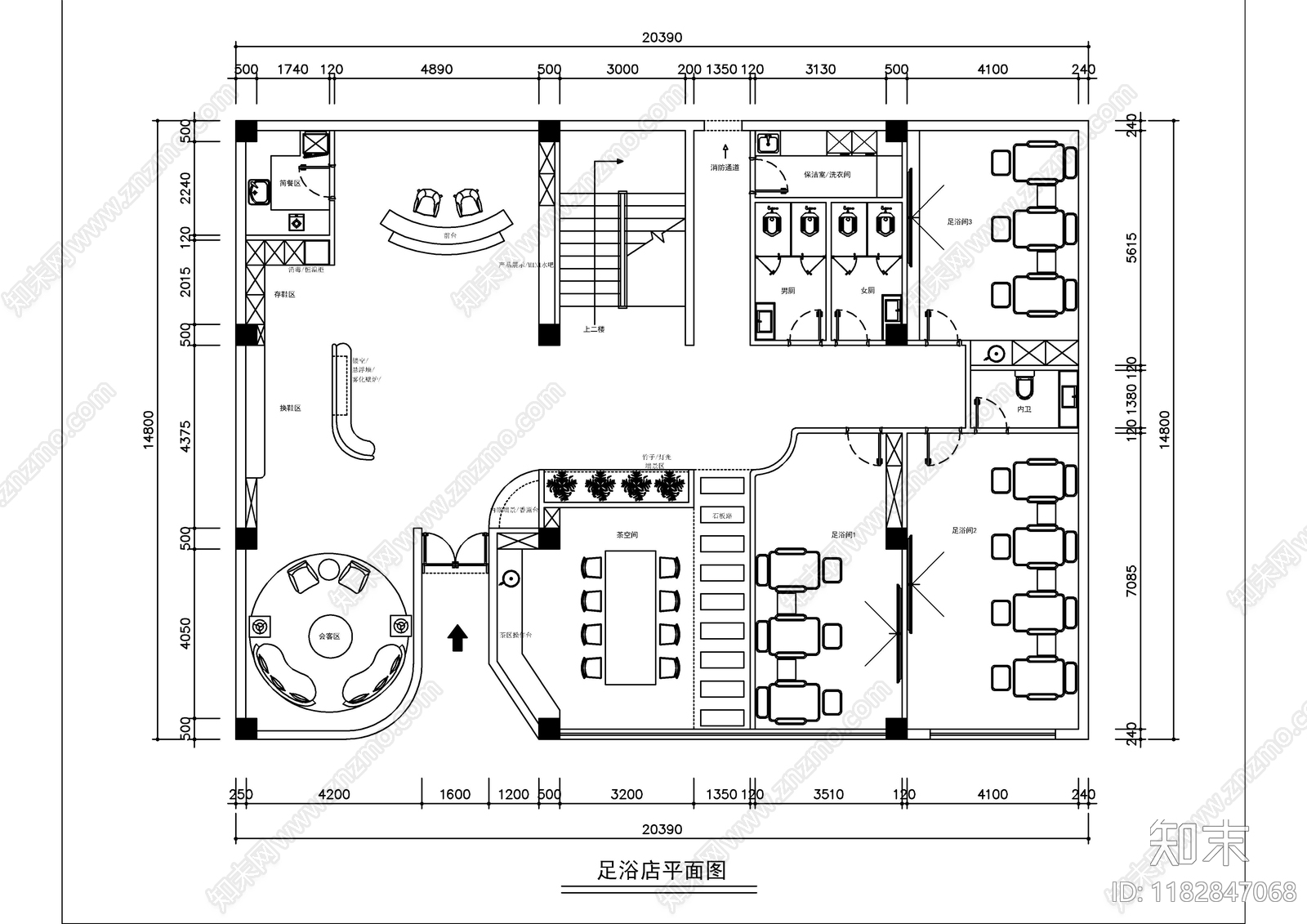 现代新中式足浴店cad施工图下载【ID:1182847068】