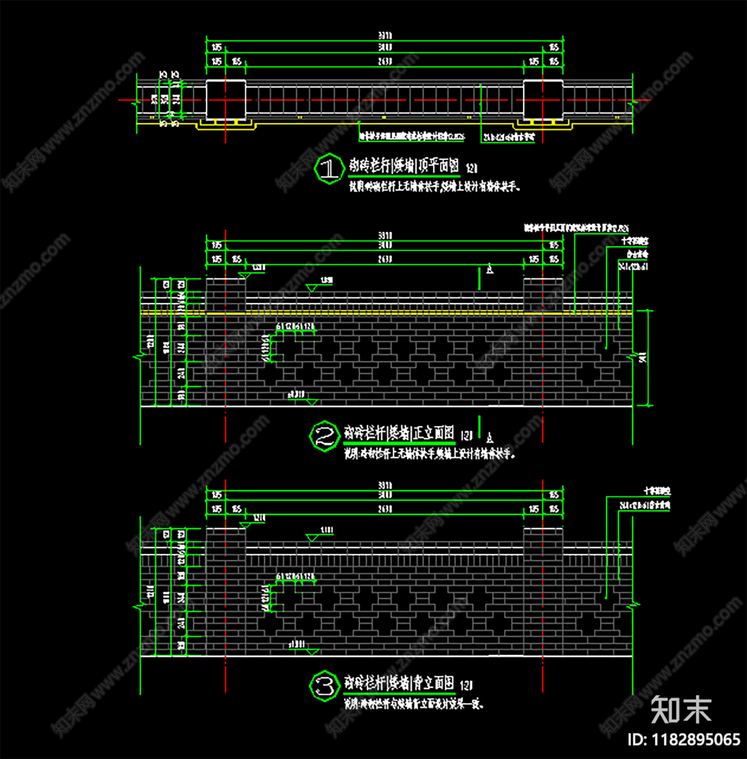 中式围墙cad施工图下载【ID:1182895065】