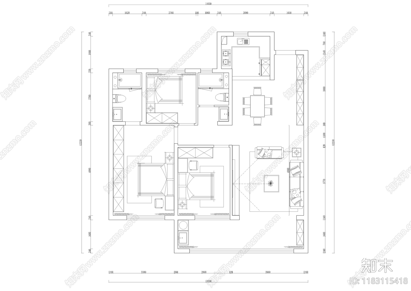 现代新中式客餐厅施工图下载【ID:1183115418】