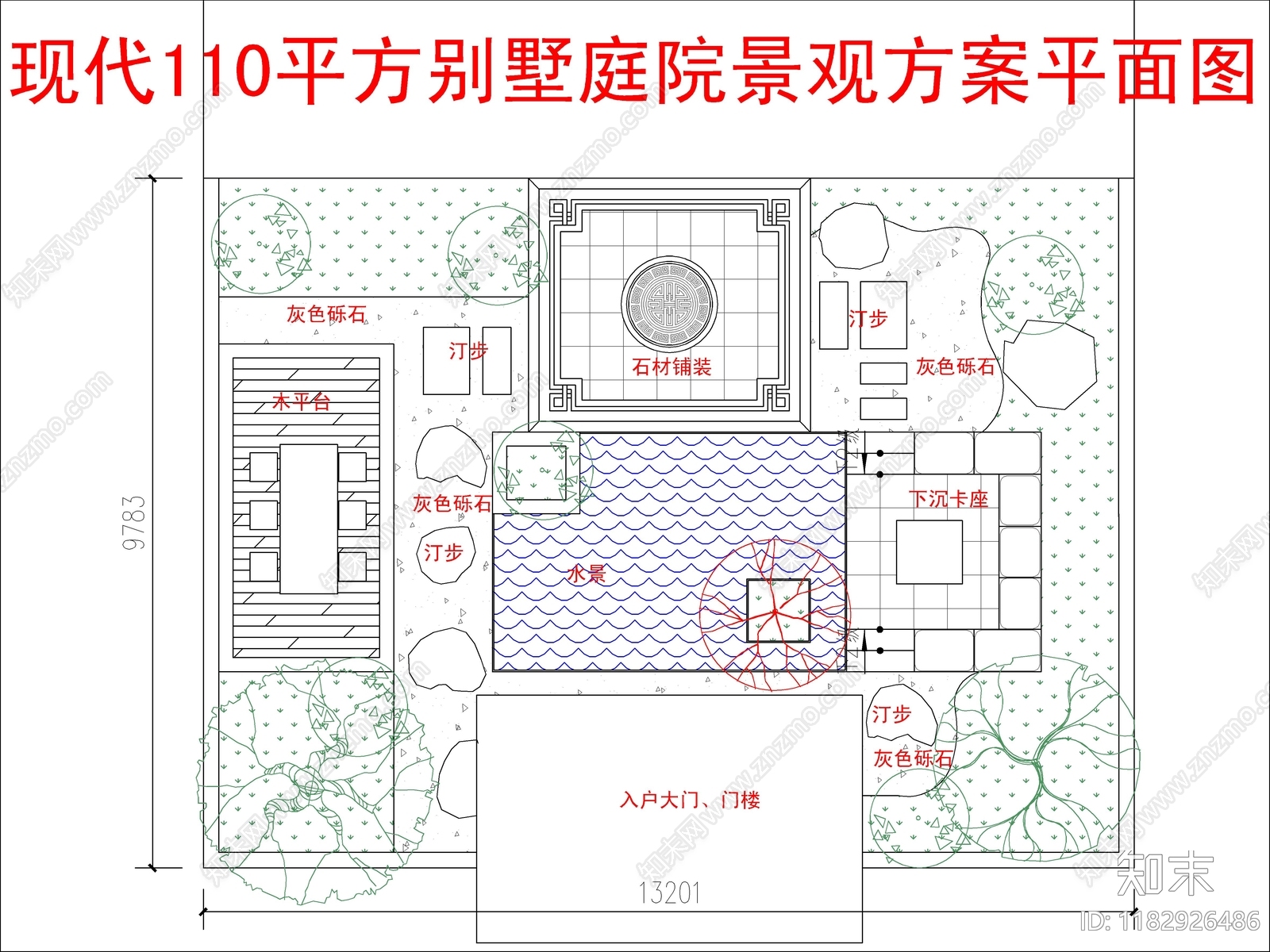 现代新中式庭院cad施工图下载【ID:1182926486】