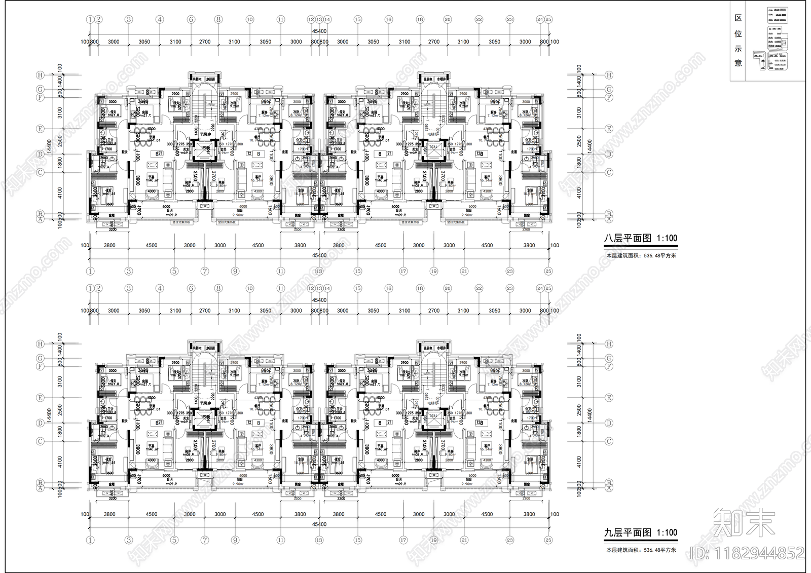 现代住宅楼建筑cad施工图下载【ID:1182944852】