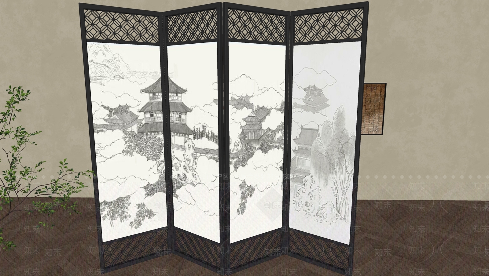 新中式屏风SU模型下载【ID:1182946525】