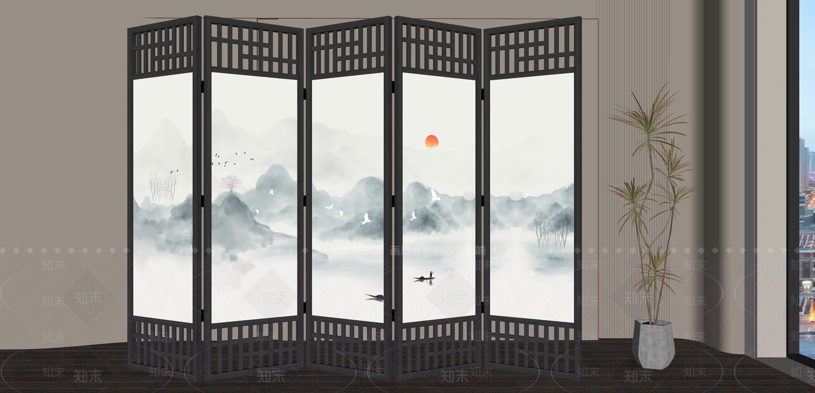 新中式禅意屏风SU模型下载【ID:1182986777】