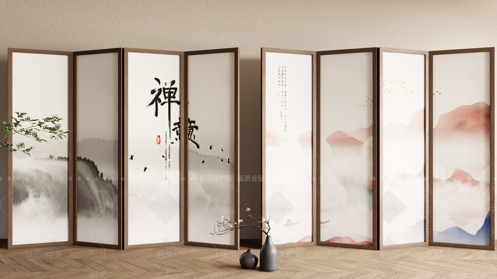 新中式禅意隔断SU模型下载【ID:1182986952】