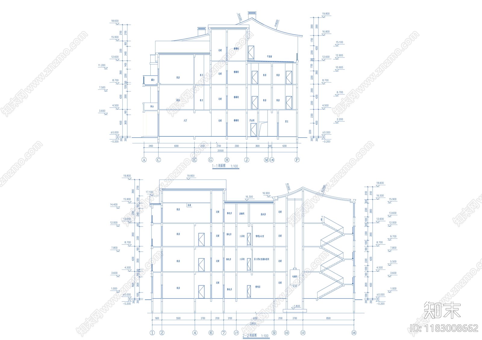 现代民宿建筑cad施工图下载【ID:1183008662】