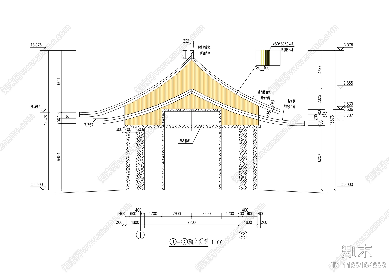 新中式中式酒店建筑cad施工图下载【ID:1183104833】