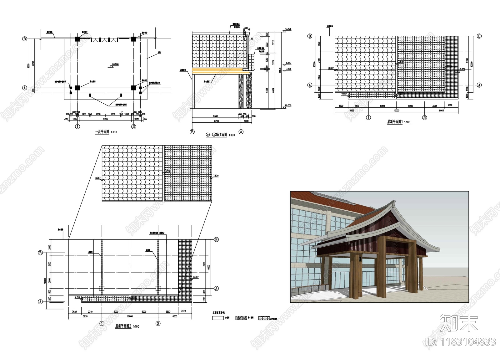 新中式中式酒店建筑cad施工图下载【ID:1183104833】