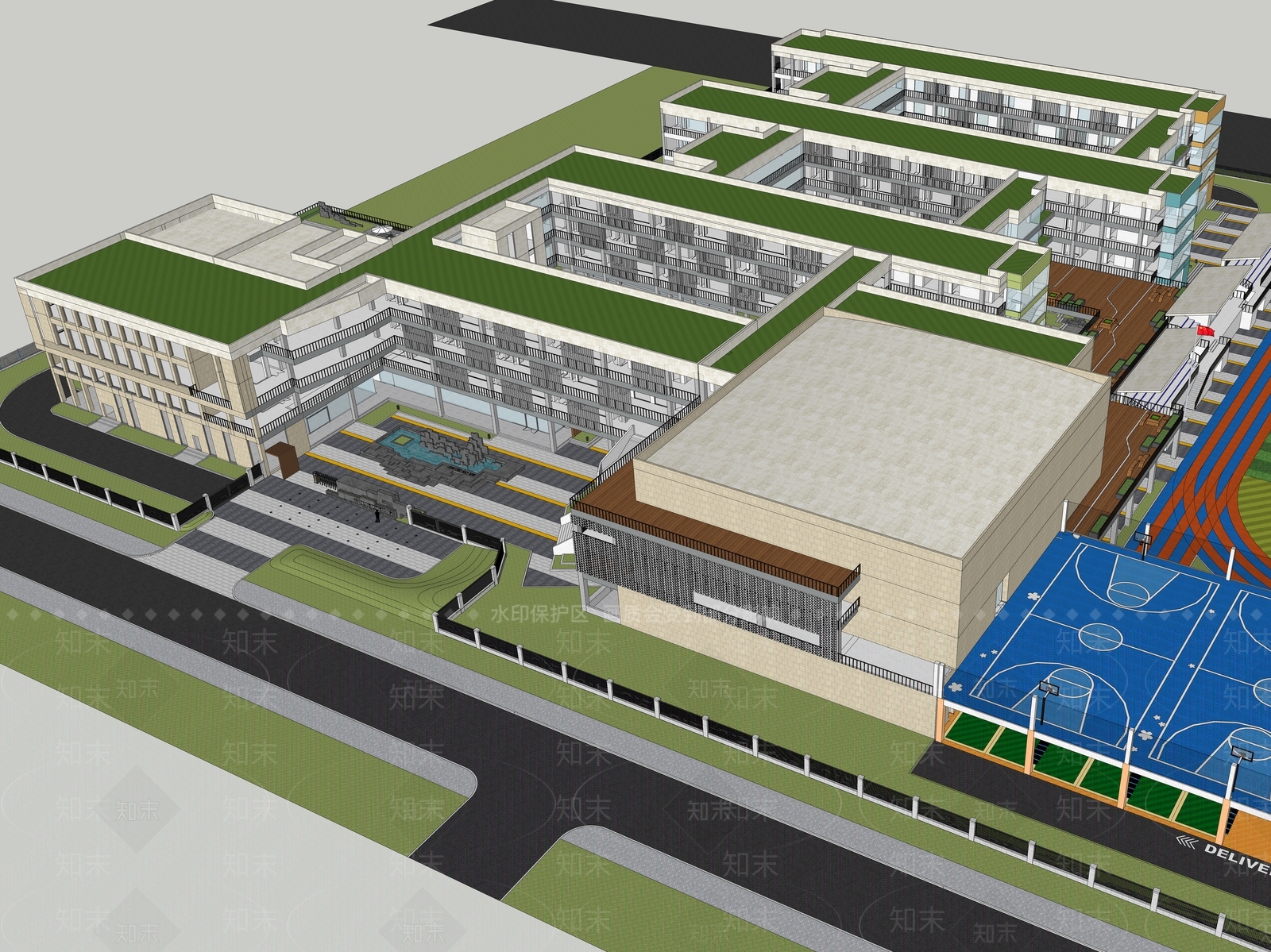 新中式现代学校建筑SU模型下载【ID:1183124925】
