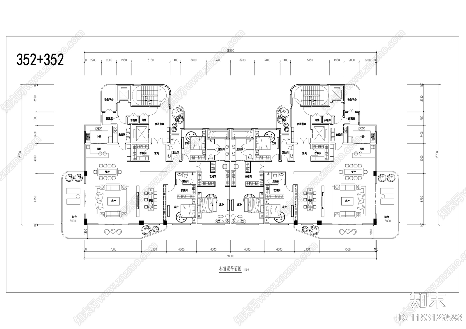 现代住宅楼建筑cad施工图下载【ID:1183129598】