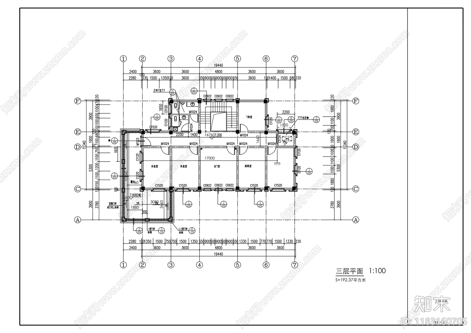 现代办公楼建筑cad施工图下载【ID:1183160705】