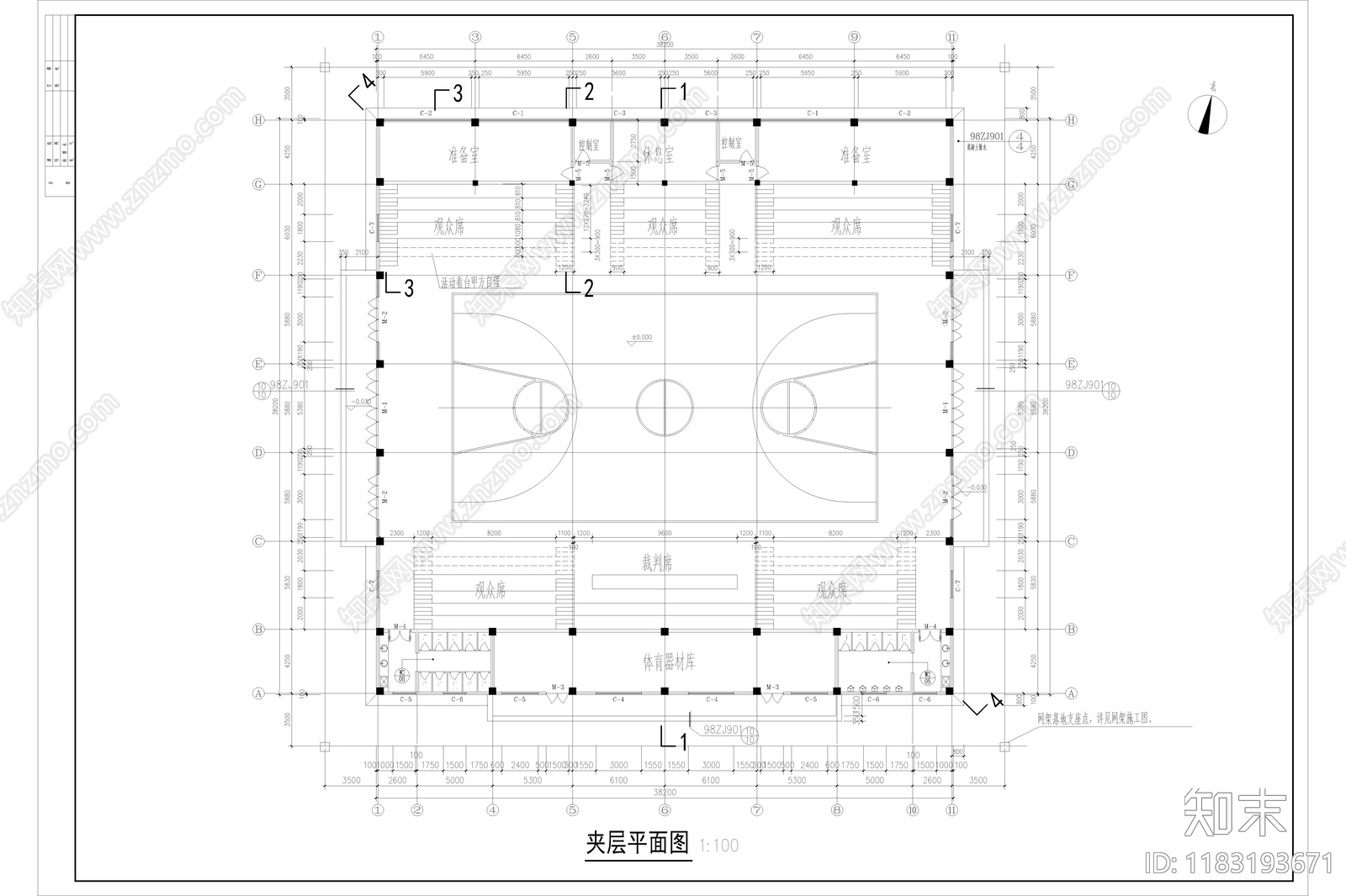 现代简约体育馆建筑cad施工图下载【ID:1183193671】