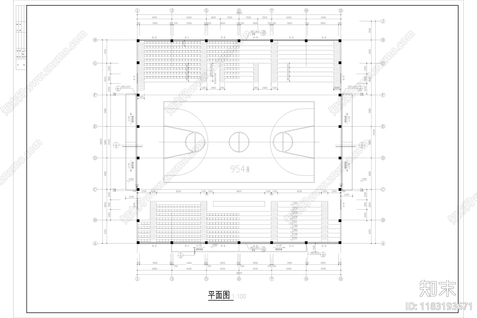 现代简约体育馆建筑cad施工图下载【ID:1183193671】