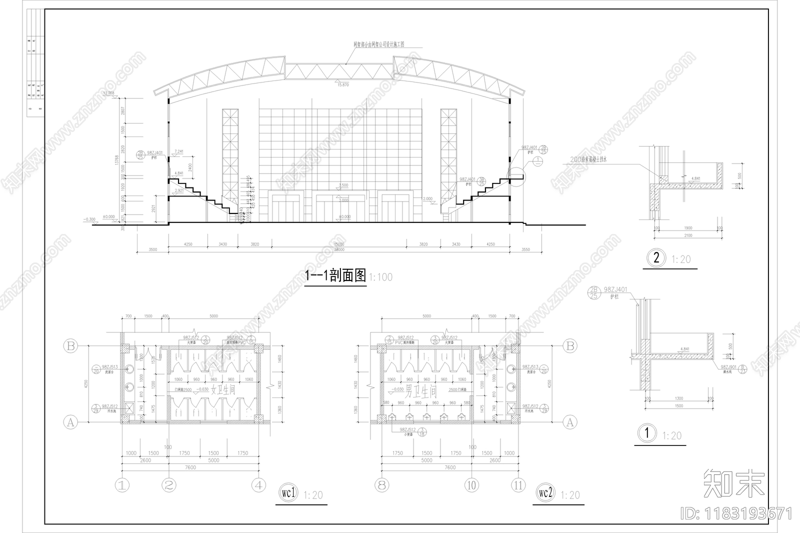 现代简约体育馆建筑cad施工图下载【ID:1183193671】