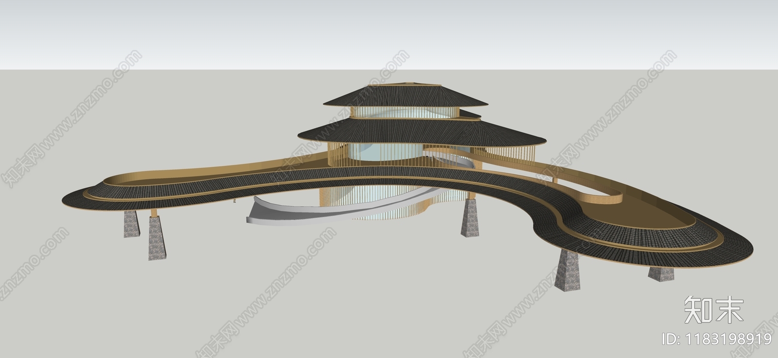 现代新中式酒店建筑SU模型下载【ID:1183198919】