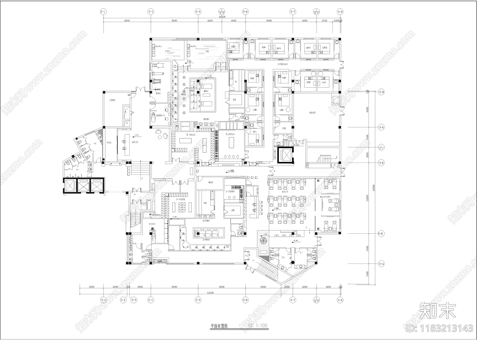 现代新中式洗浴中心cad施工图下载【ID:1183213143】