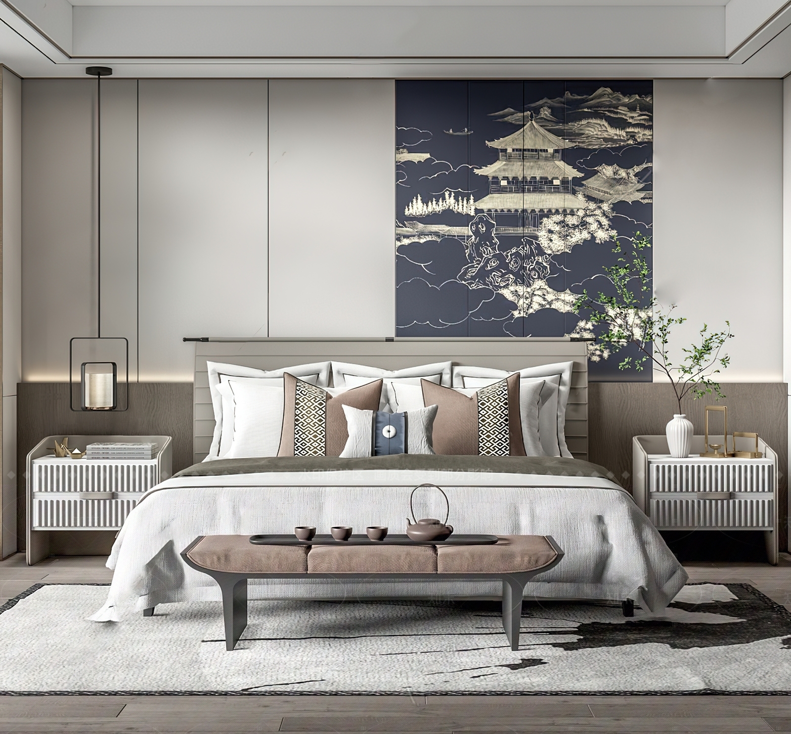 新中式家居卧室SU模型下载【ID:1215930819】