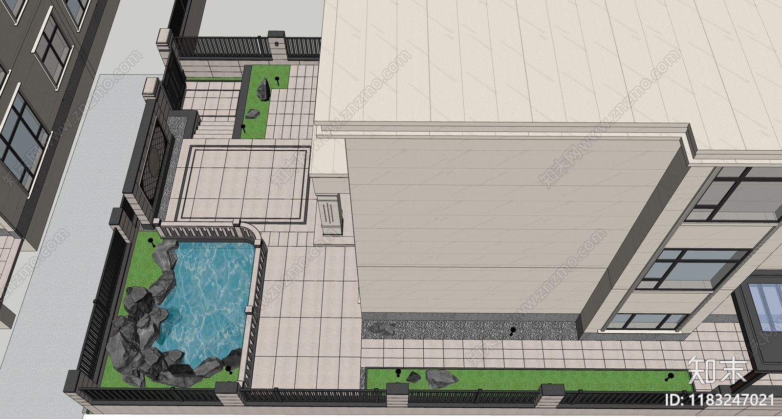 新中式别墅庭院SU模型下载【ID:1183247021】