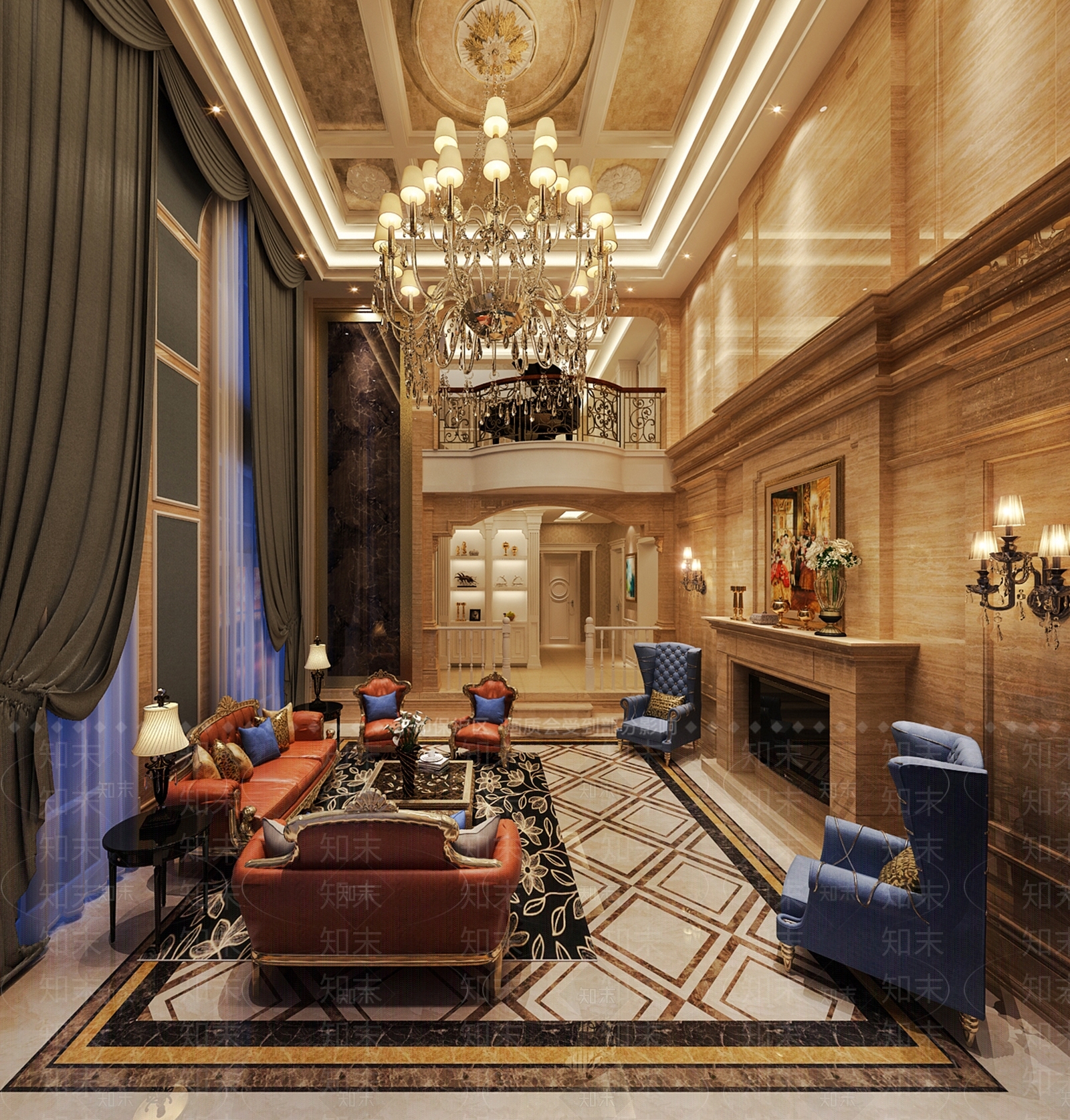 欧式简欧别墅客厅3D模型下载【ID:1183294780】