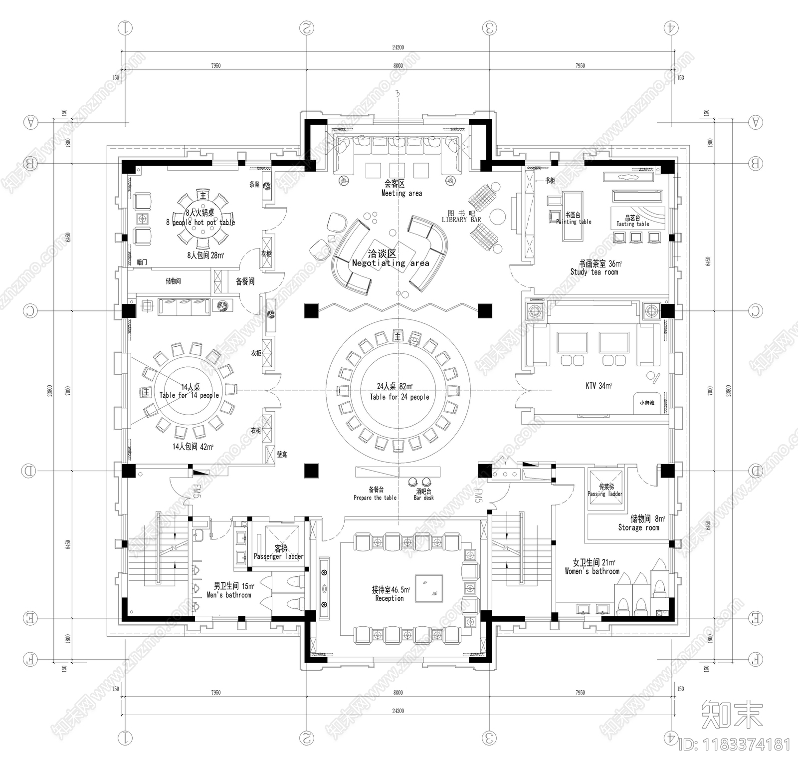 新中式现代会所cad施工图下载【ID:1183374181】