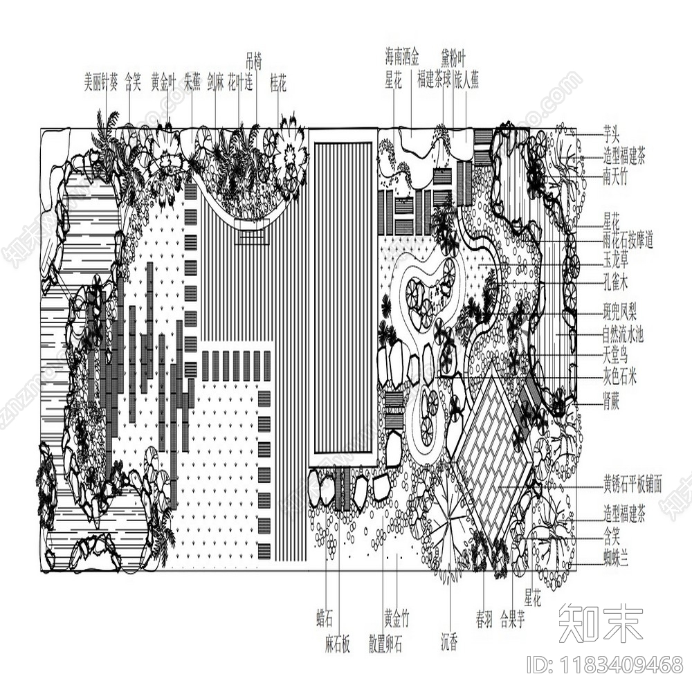 现代新中式屋顶花园cad施工图下载【ID:1183409468】