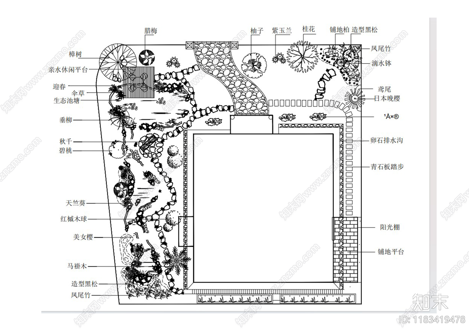 现代新中式庭院cad施工图下载【ID:1183419478】