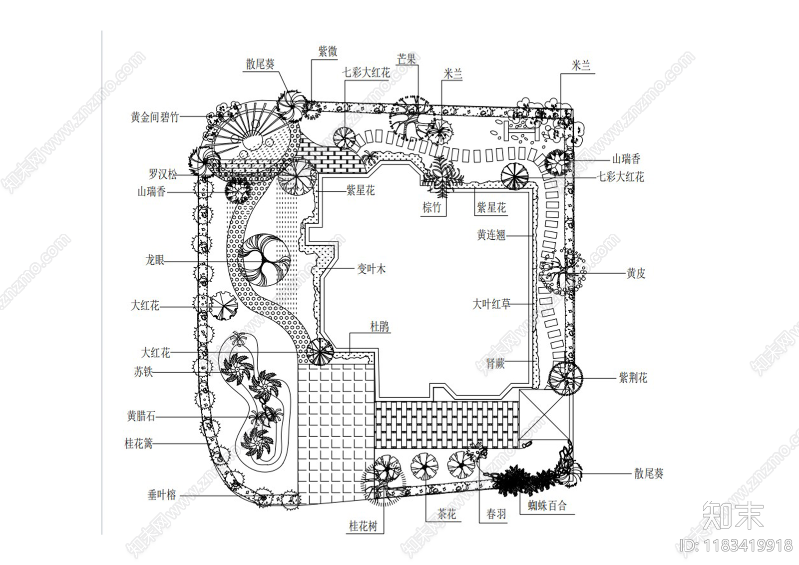 现代新中式庭院cad施工图下载【ID:1183419918】