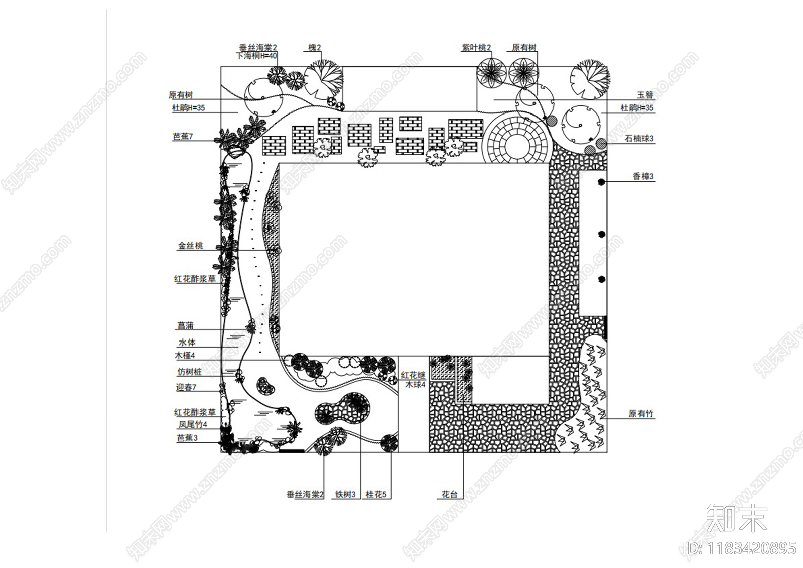 现代新中式庭院cad施工图下载【ID:1183420895】