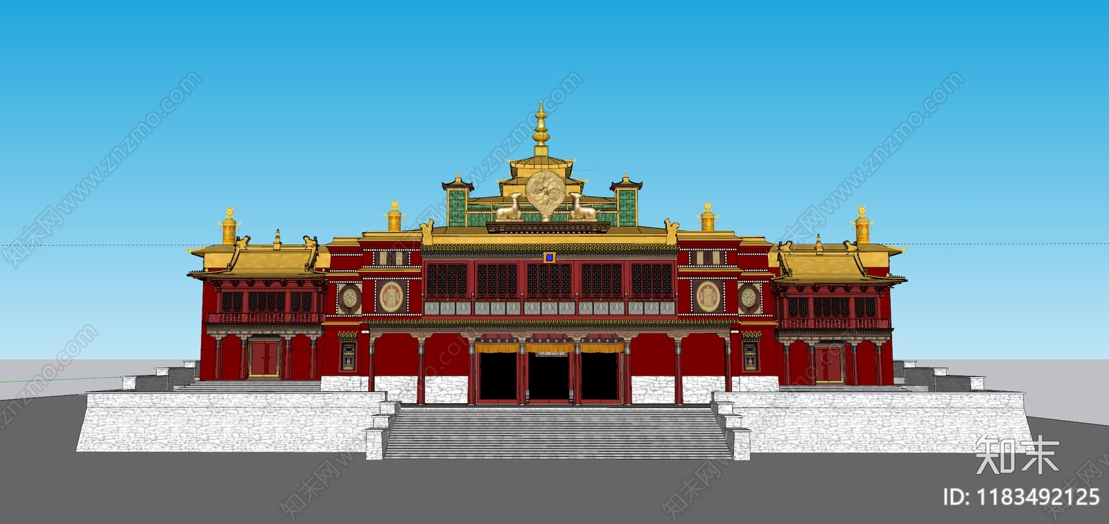 中式禅意寺庙建筑SU模型下载【ID:1183492125】