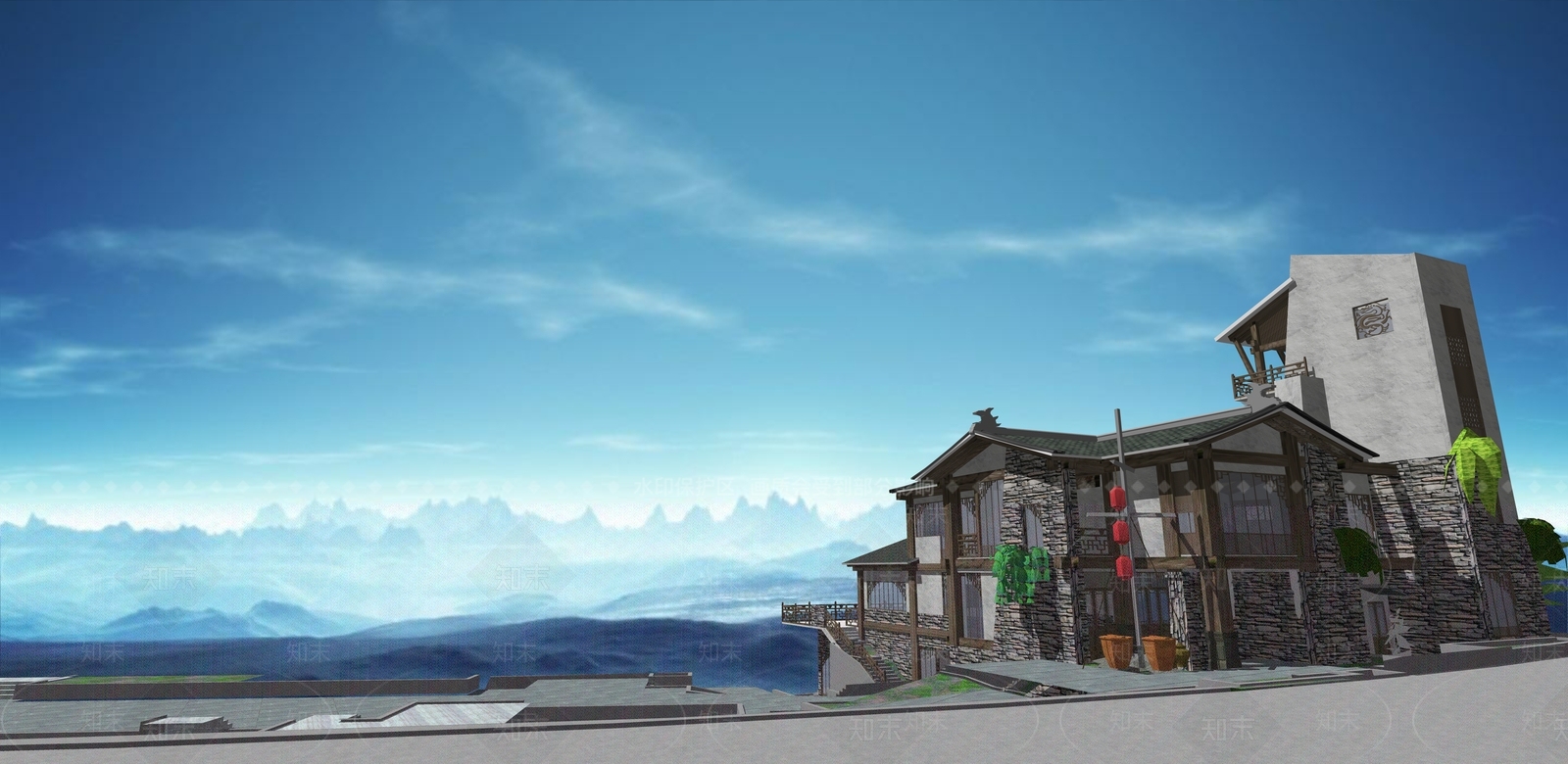 中式现代风格建筑SU模型下载【ID:1183494363】