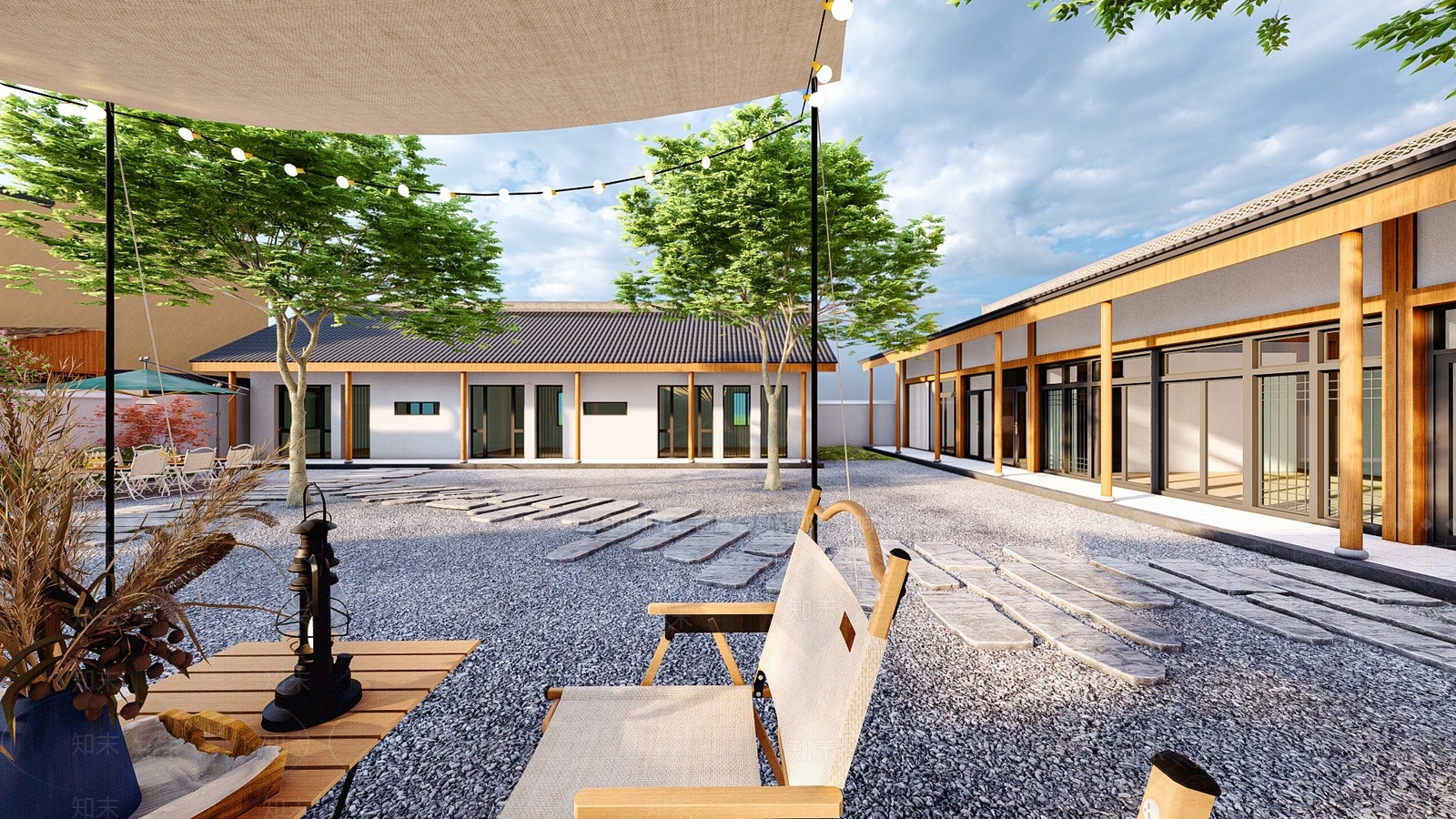 现代新中式民宿建筑SU模型下载【ID:1183535498】