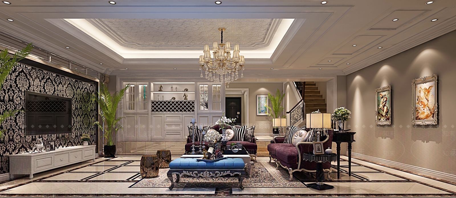 简欧欧式别墅客厅3D模型下载【ID:1183550721】