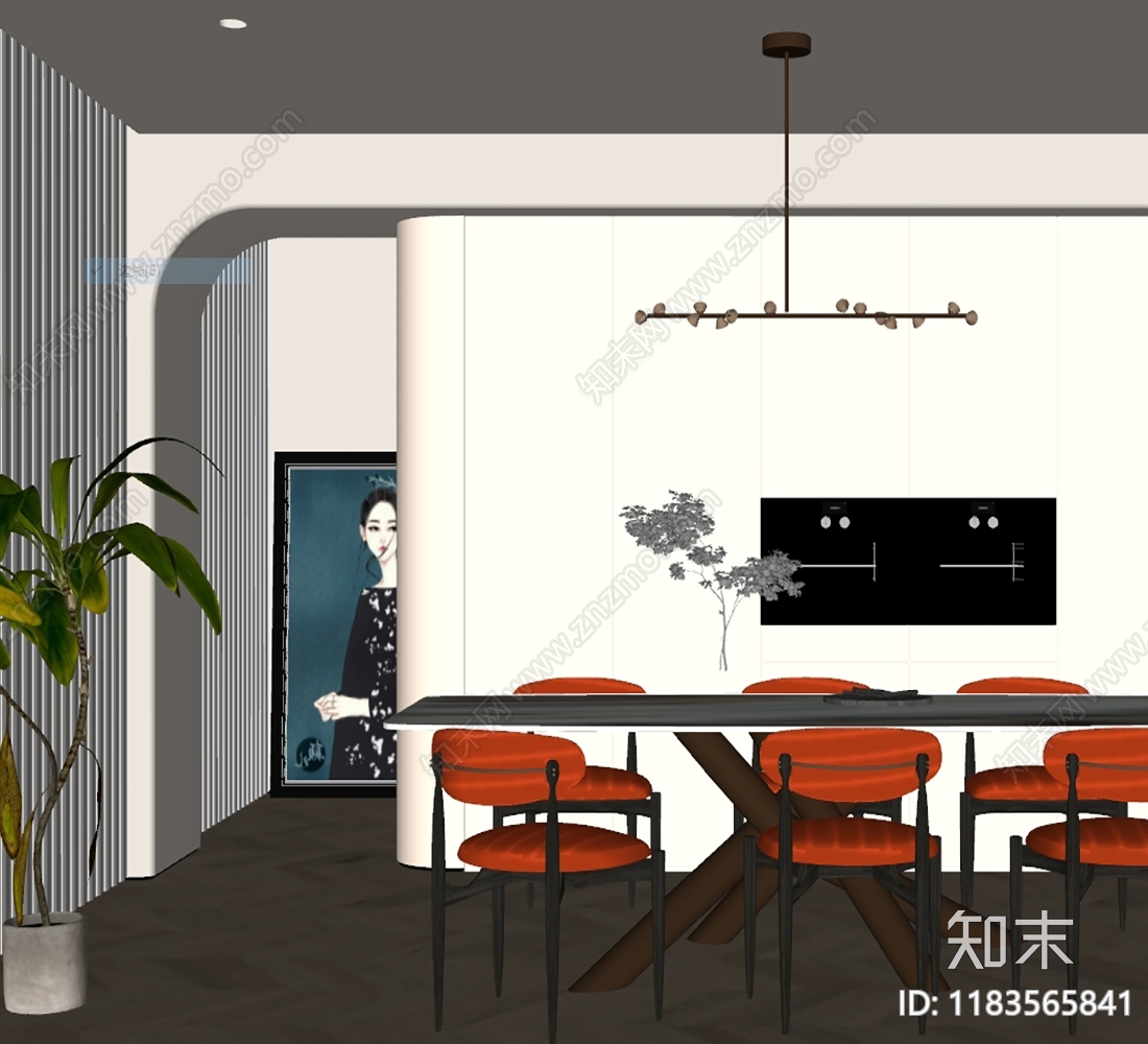 法式现代别墅餐厅SU模型下载【ID:1183565841】