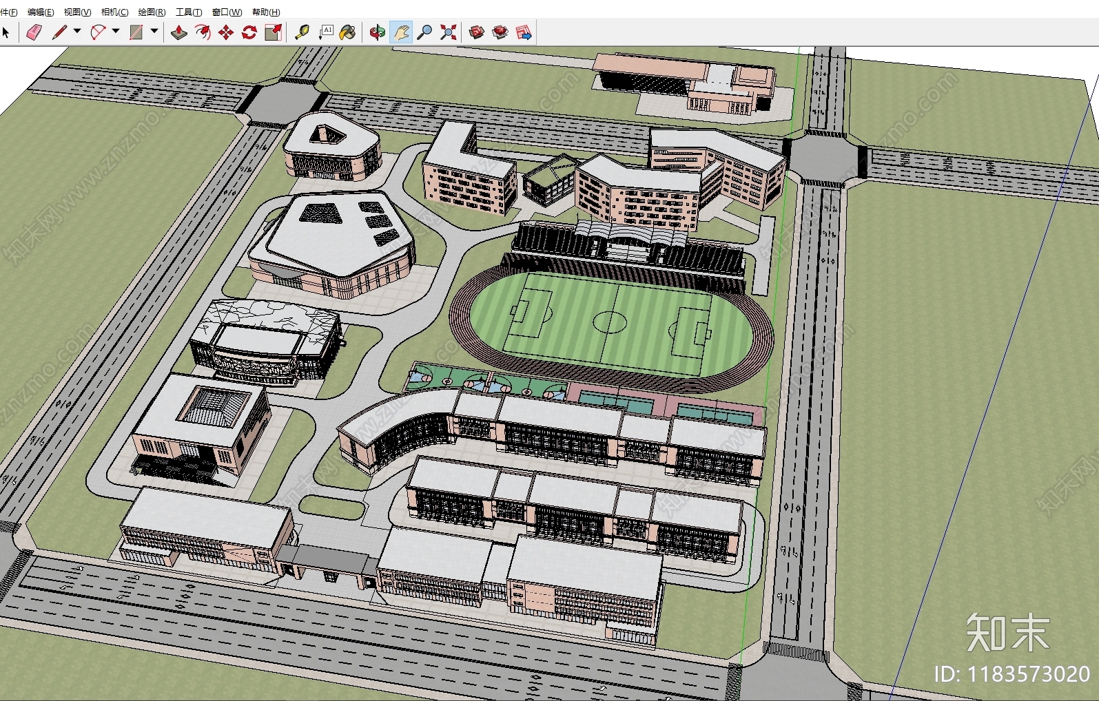 现代美式学校建筑SU模型下载【ID:1183573020】