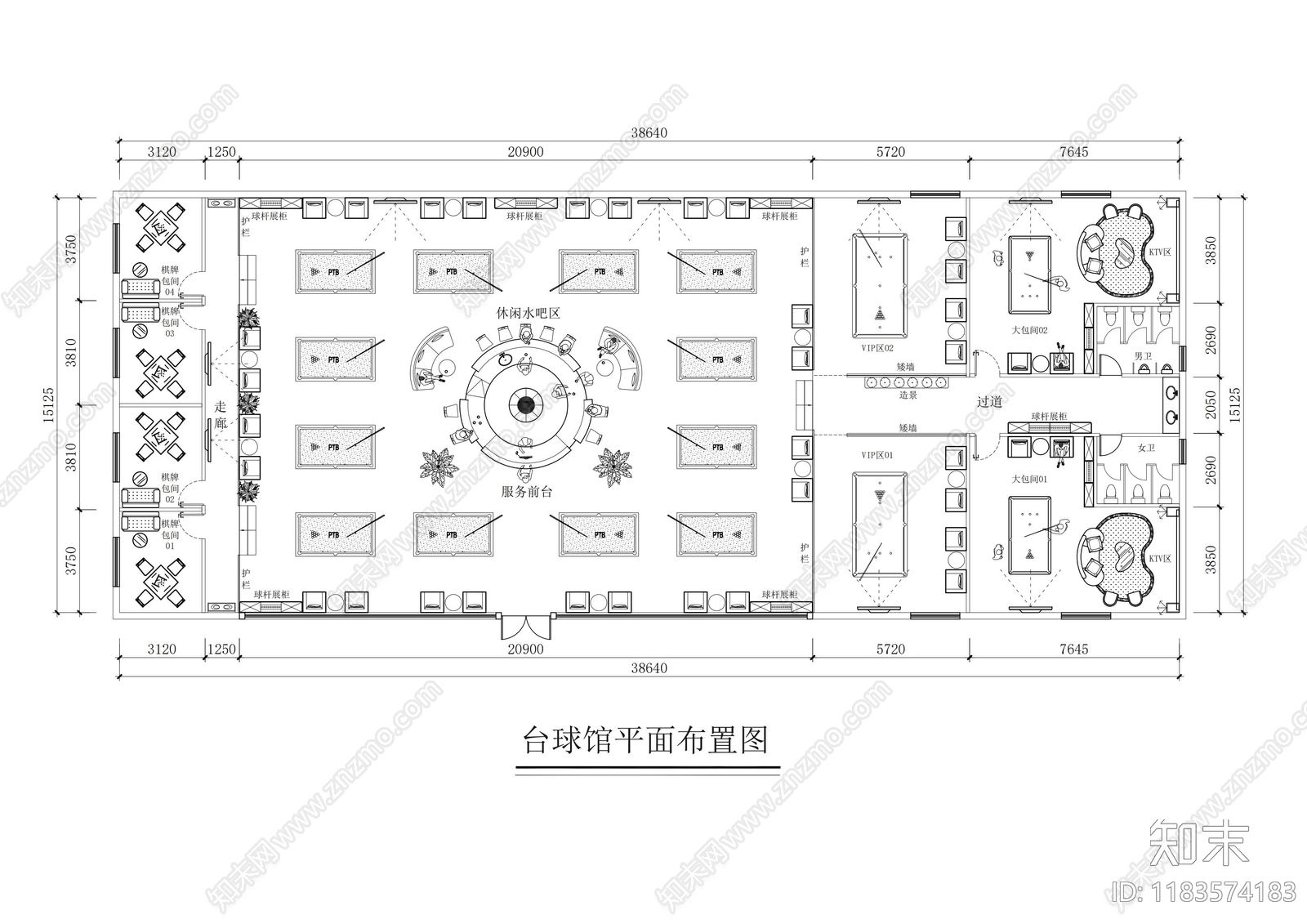 现代台球厅cad施工图下载【ID:1183574183】