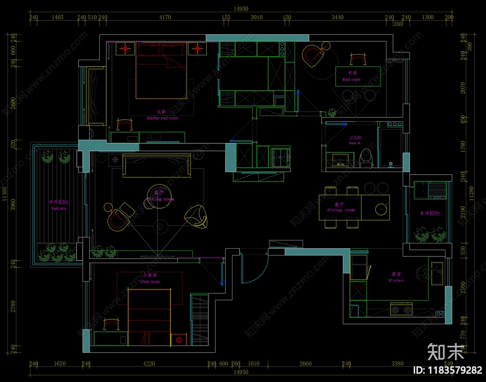 现代家装图库cad施工图下载【ID:1183579282】