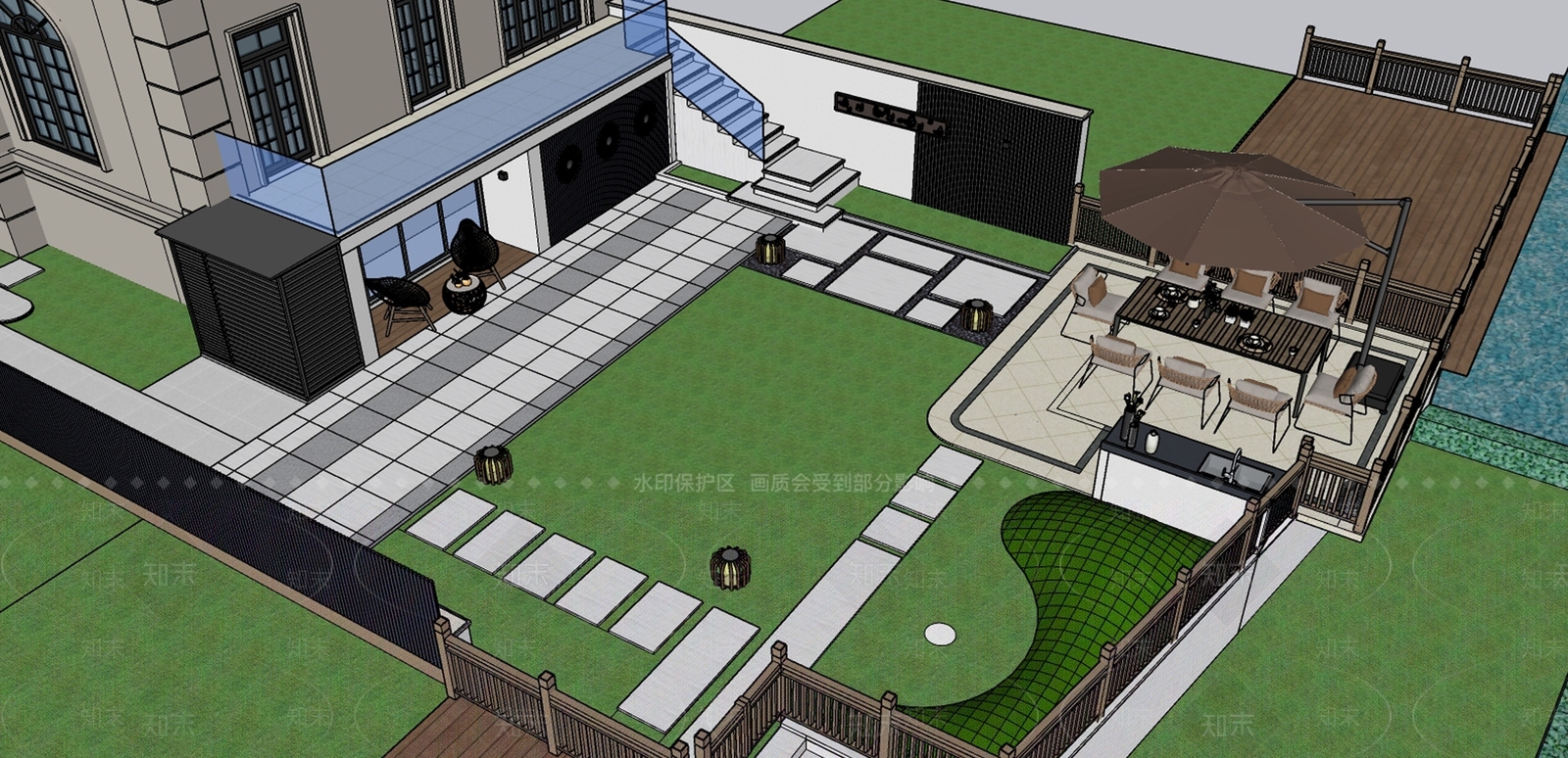 现代法式别墅庭院SU模型下载【ID:1183602104】