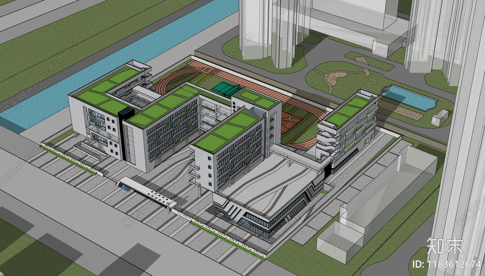 新中式学校建筑SU模型下载【ID:1183612674】