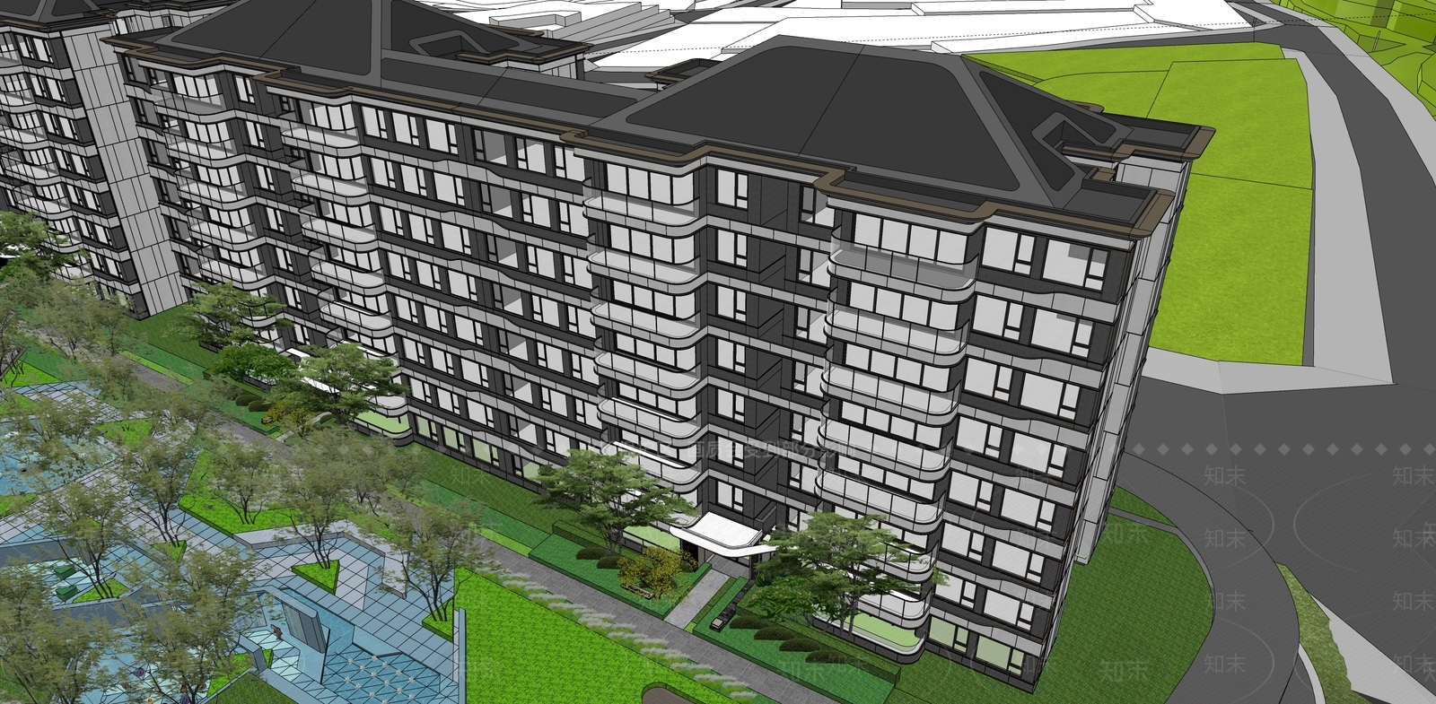 简约现代小区建筑SU模型下载【ID:1183639952】