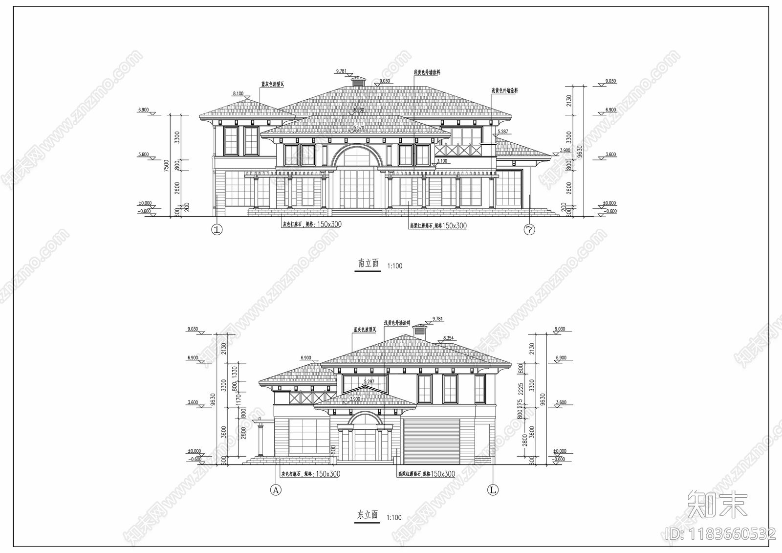 意式别墅建筑cad施工图下载【ID:1183660532】