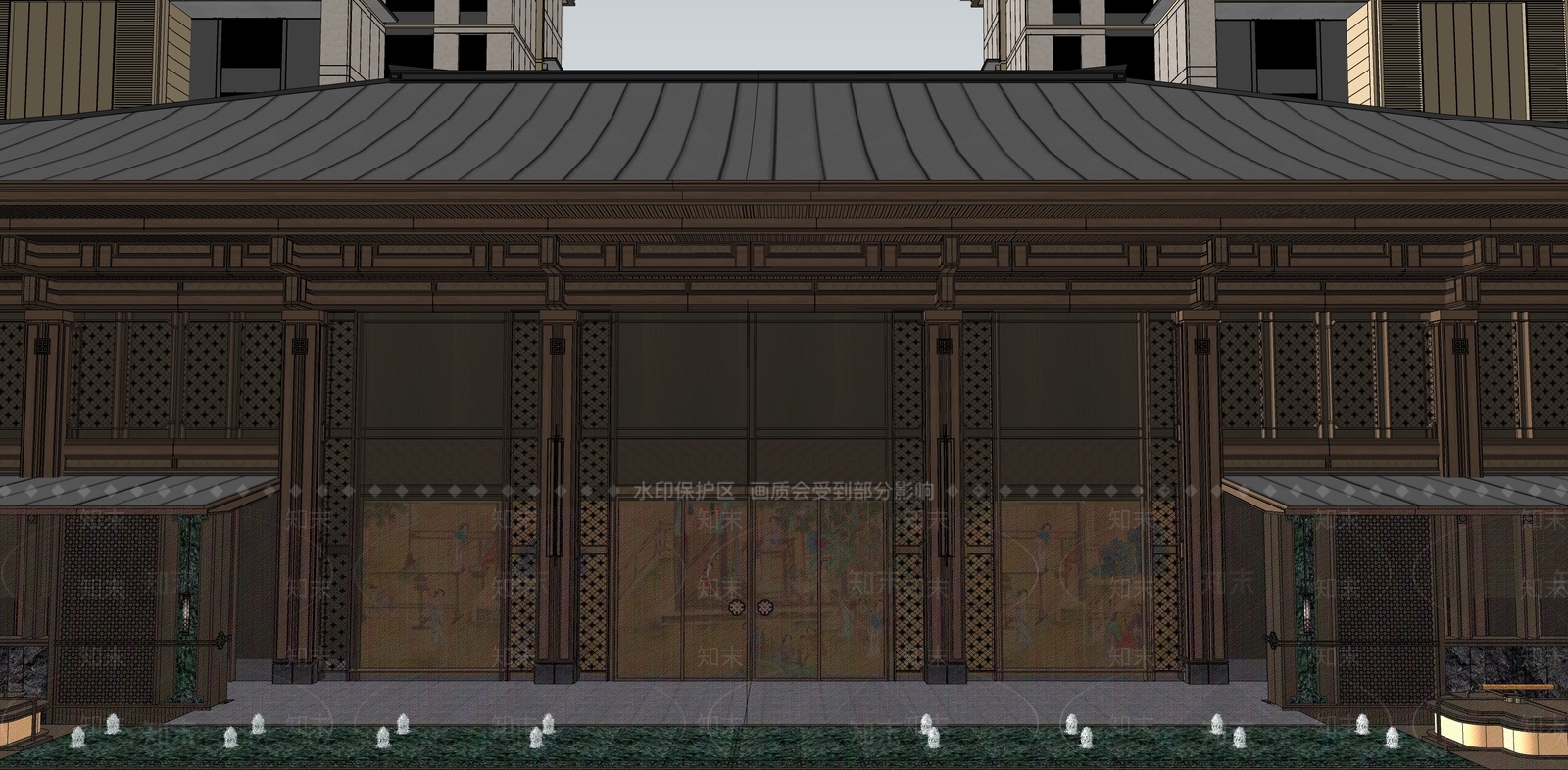 新中式轻奢售楼处建筑SU模型下载【ID:1183687997】