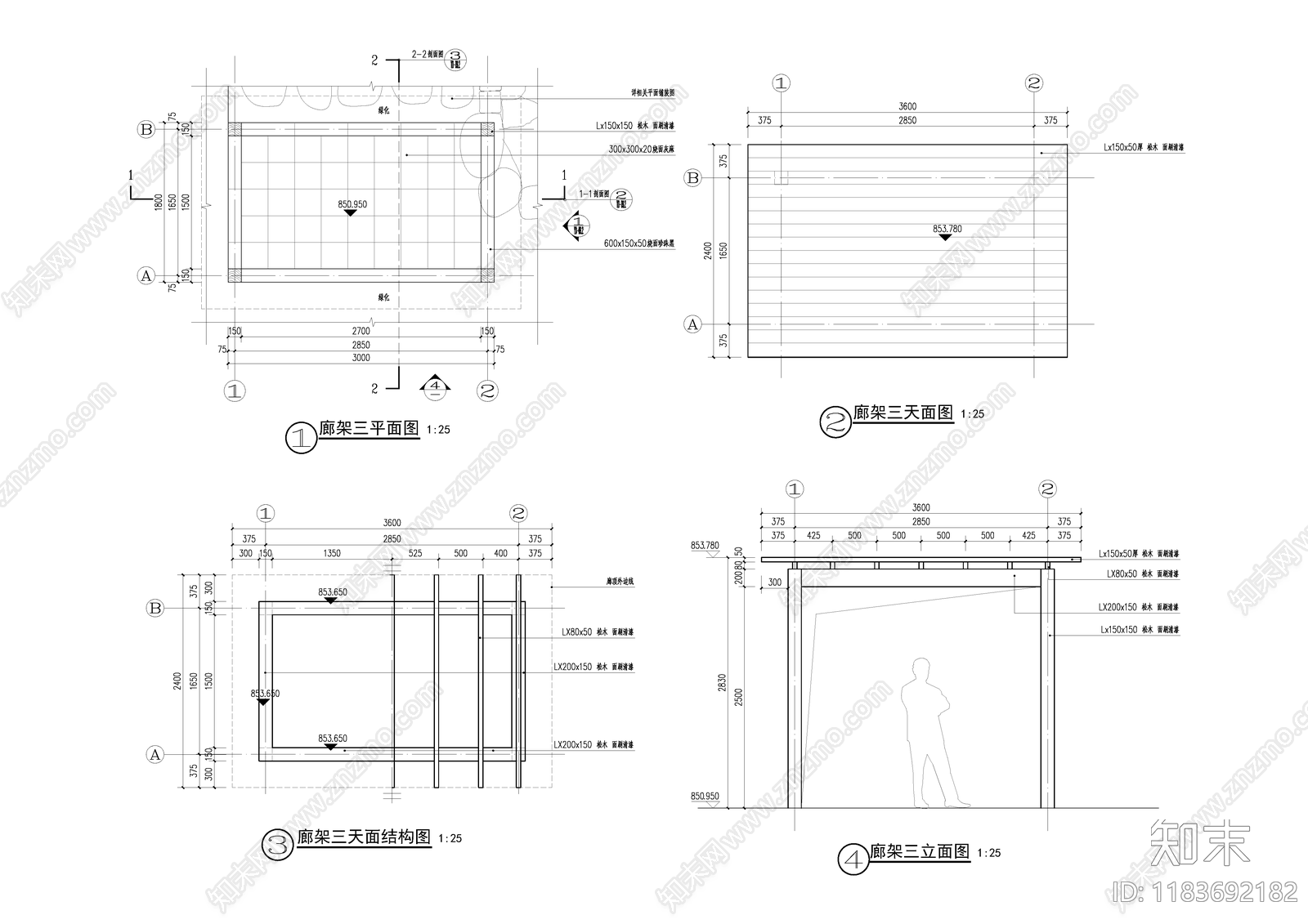 现代廊架cad施工图下载【ID:1183692182】