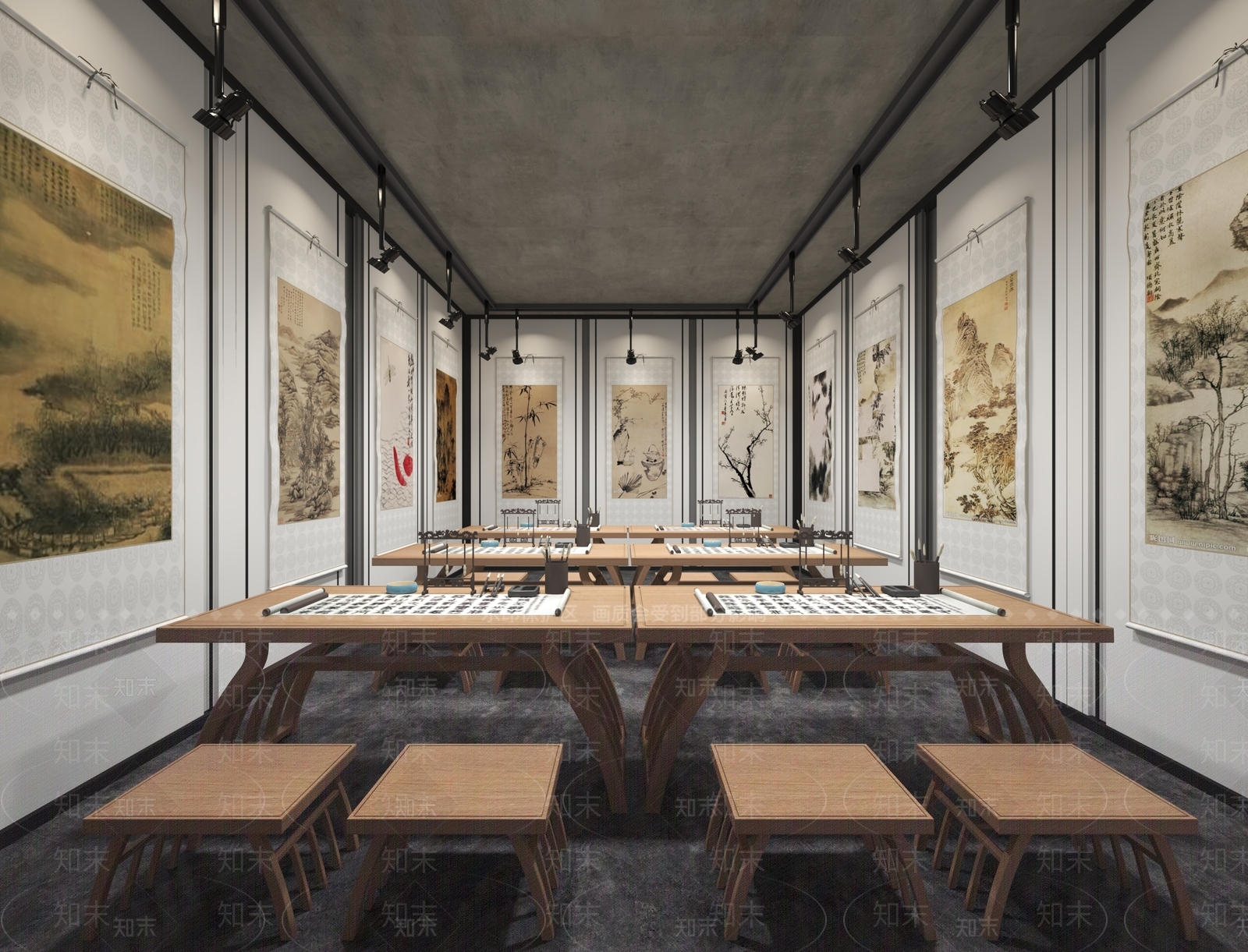 新中式现代教室3D模型下载【ID:1183710525】
