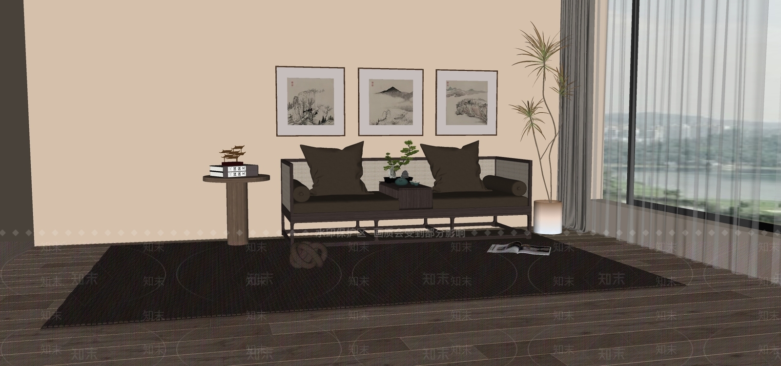 现代新中式双人沙发SU模型下载【ID:1183722795】