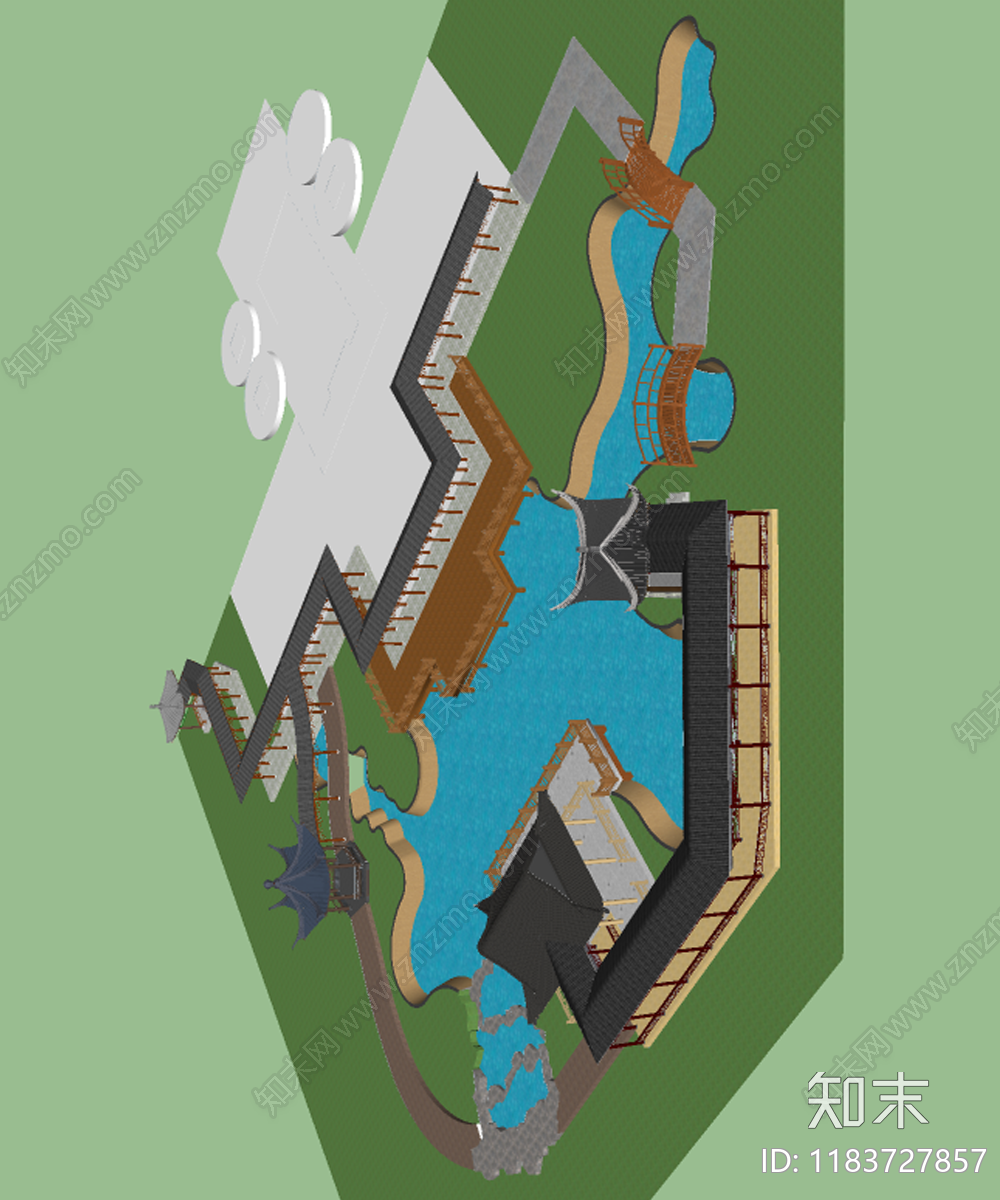 新中式滨水景观SU模型下载【ID:1183727857】