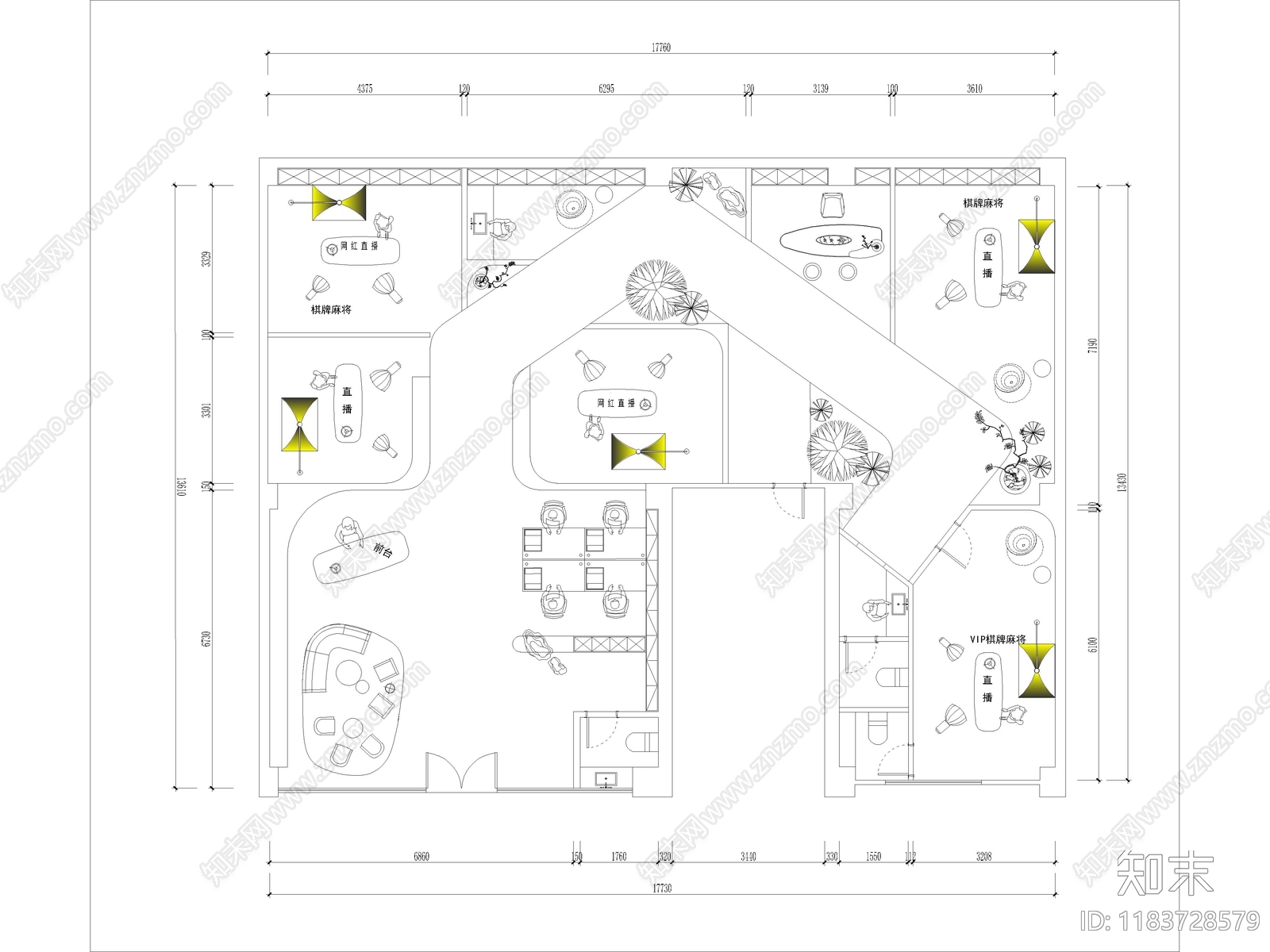 12套网红直播间直播工作室CAD平面布置图cad施工图下载【ID:1183728579】