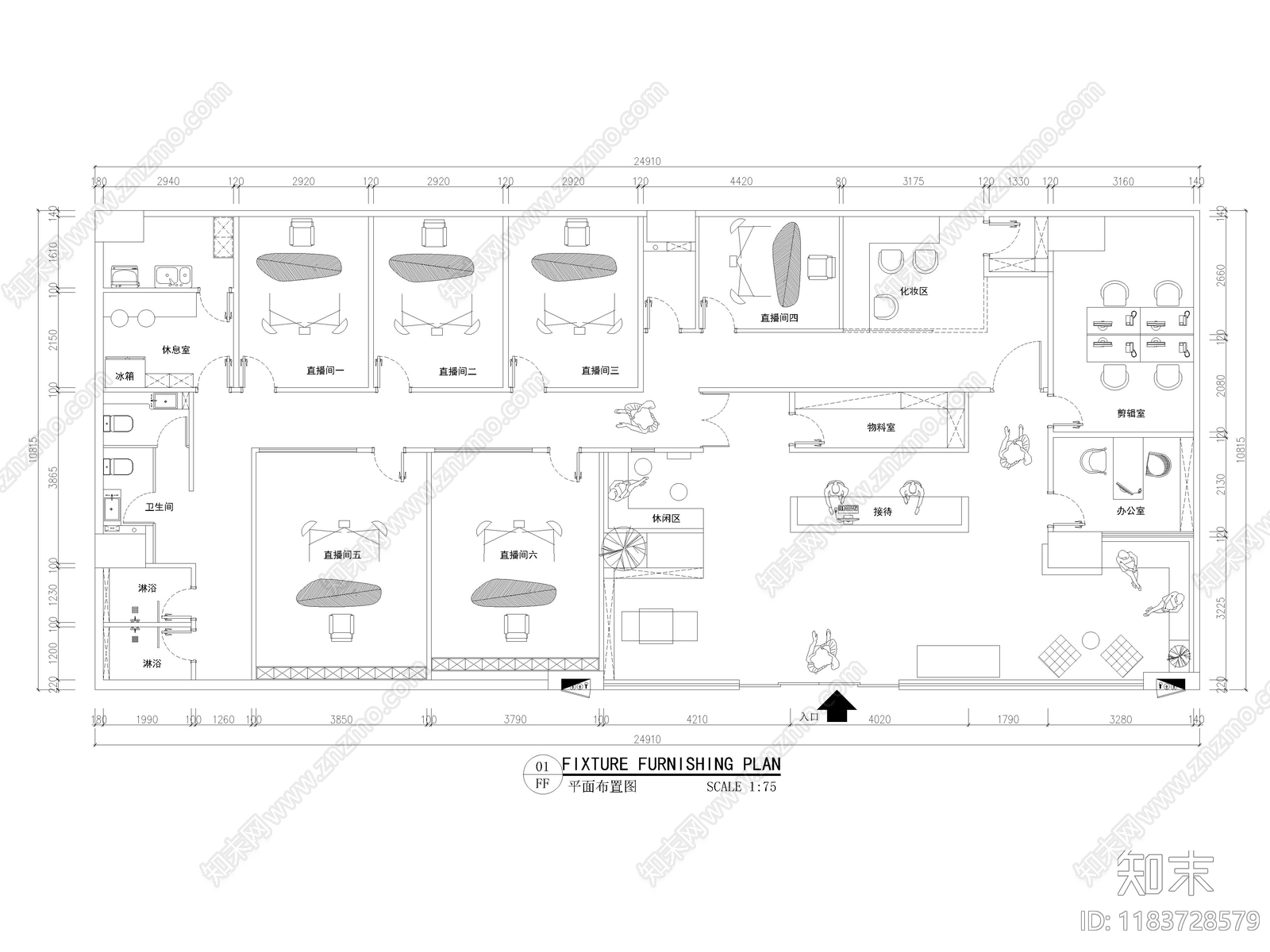 12套网红直播间直播工作室CAD平面布置图cad施工图下载【ID:1183728579】